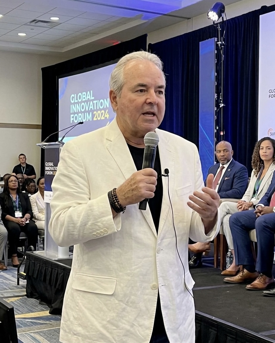 high quality photo of a financial advisor giving a keynote speech on a dark stage with minimal lighting, luxury aesthetic